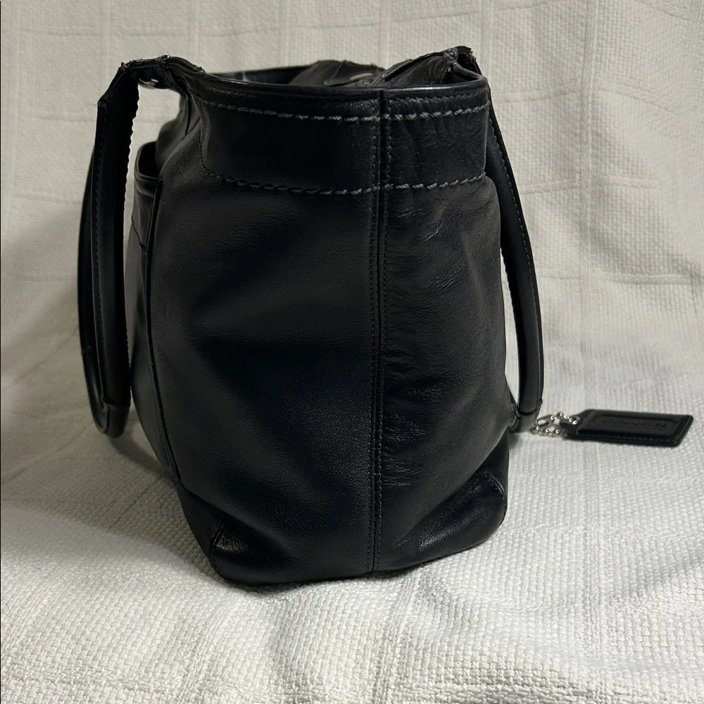 Coach F14383 Bleeker Black Leather Tote with Colorful Striped Interior